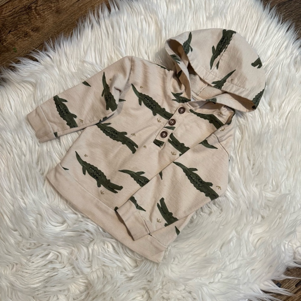 Carter’s Baby Boy Hoodie 18M Beige‎ Alligator Print Hooded Sweatshirt EUC